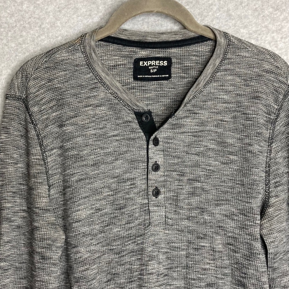 Y2K Express Waffle Knit Henley Shirt Mens Sz S Long Sleeve Heathered Gray Black